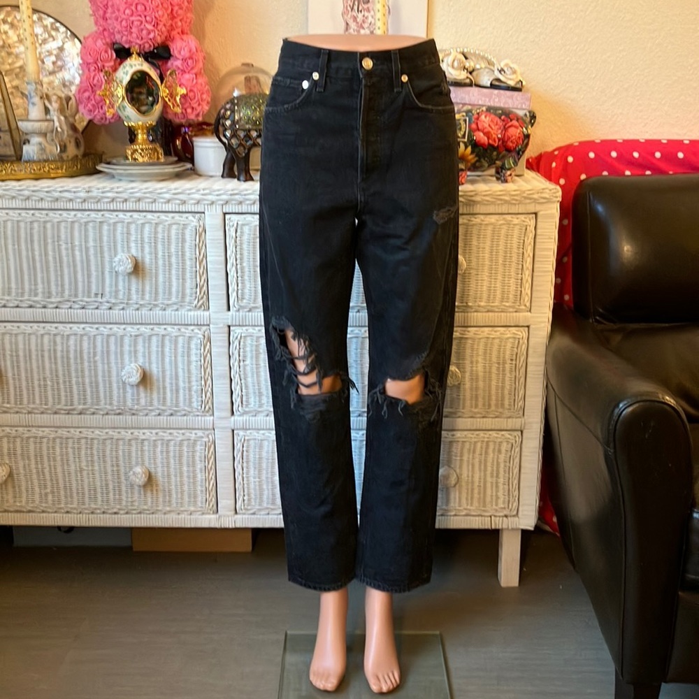 Agolde 100% Cotton high waisted baggy destructed jeans faded black wash size 24